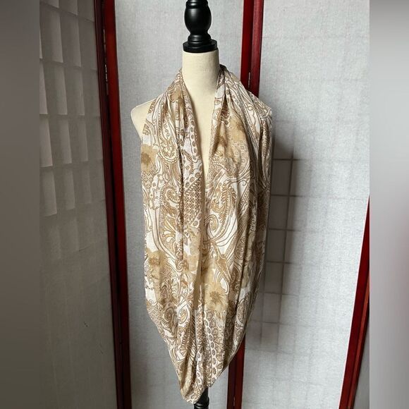 Infinity Scarf with Cream, Tan and White Paisley and Floral Designs (OS) - Picture 5 of 13